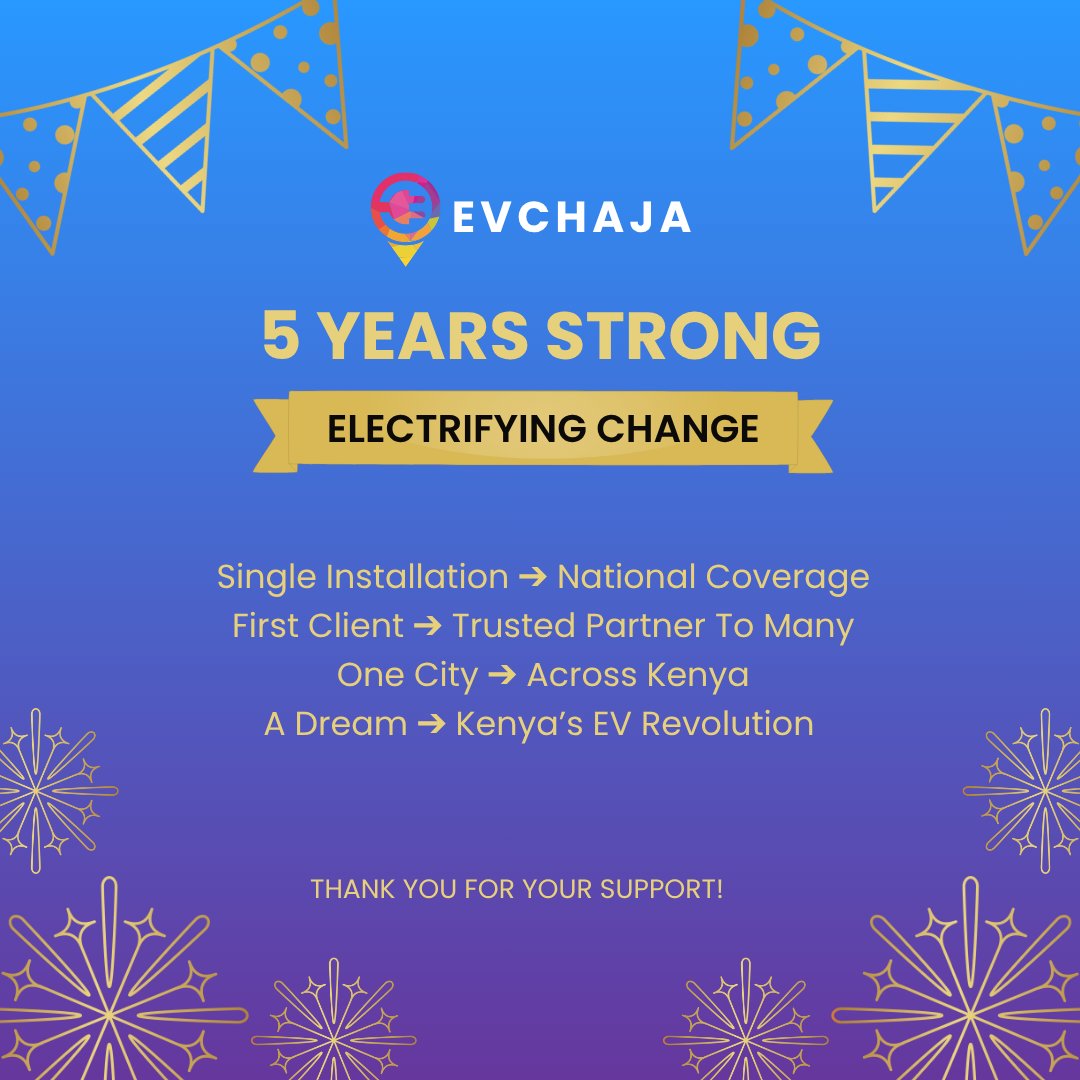 From our first installation to 6 cities across Kenya — EVChaja turns 5 today! ⚡
Here’s to cleaner roads and brighter futures.