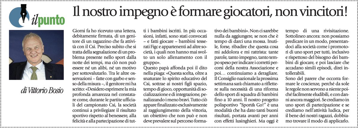 🗣️ Il nostro impegno è formare giocatori, non vincitori!
✍️ L’editoriale del Presidente nazionale <a href="/ViBosCsi/">Vittorio Bosio</a>  su <a href="/Avvenire_Nei/">𝐀𝐯𝐯𝐞𝐧𝐢𝐫𝐞</a>  di oggi
👉 centrosportivoitaliano.it/notizie/notizi…