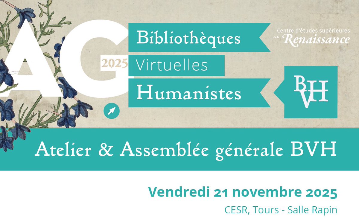 #AG du programme Bibliothèques Virtuelles Humanistes #BVH &amp; atelier Bibliotheques françoises. À mi-chemin : De La Croix du Maine à Du Verdier
> 10h-17h Ven 21 nov. 2025 
Au #CESR #Tours &amp; #EnLigne
Programme &amp; lien de visio : bvh.hypotheses.org/14236
#Renaissance #Recherche