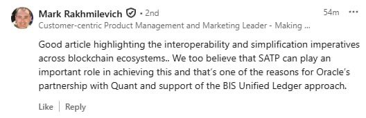 Oracle head of blockchain on SATP, Quant and BIS unified ledger😱

$QNT