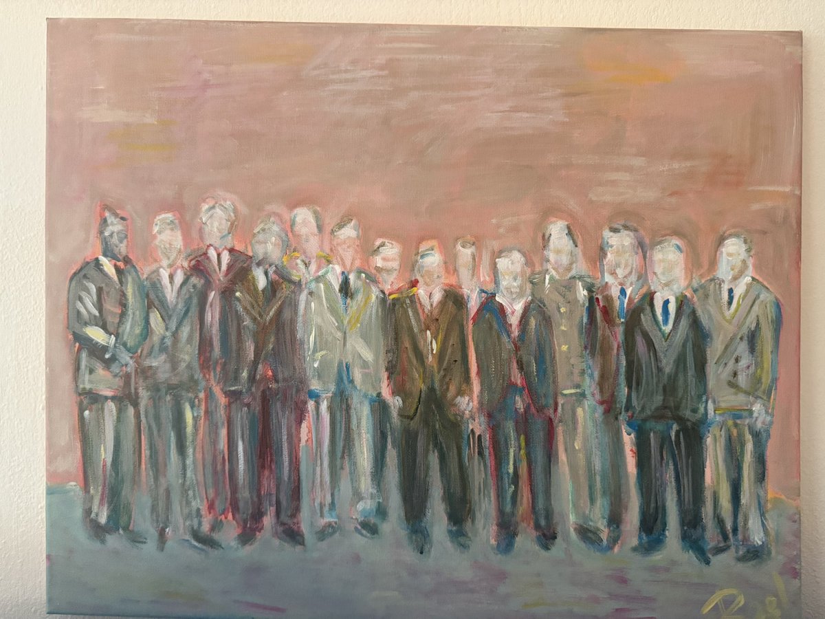 Het eerste naoorlogse kabinet Schermerhorn-Drees op TV met daarboven toevallig mijn schilderij (“de toekomst wacht”) gebaseerd op die foto.  #verenigdevergadering. <a href="/2eKamertweets/">Tweede Kamer</a> <a href="/EersteKamer/">Eerste Kamer der Staten-Generaal</a>