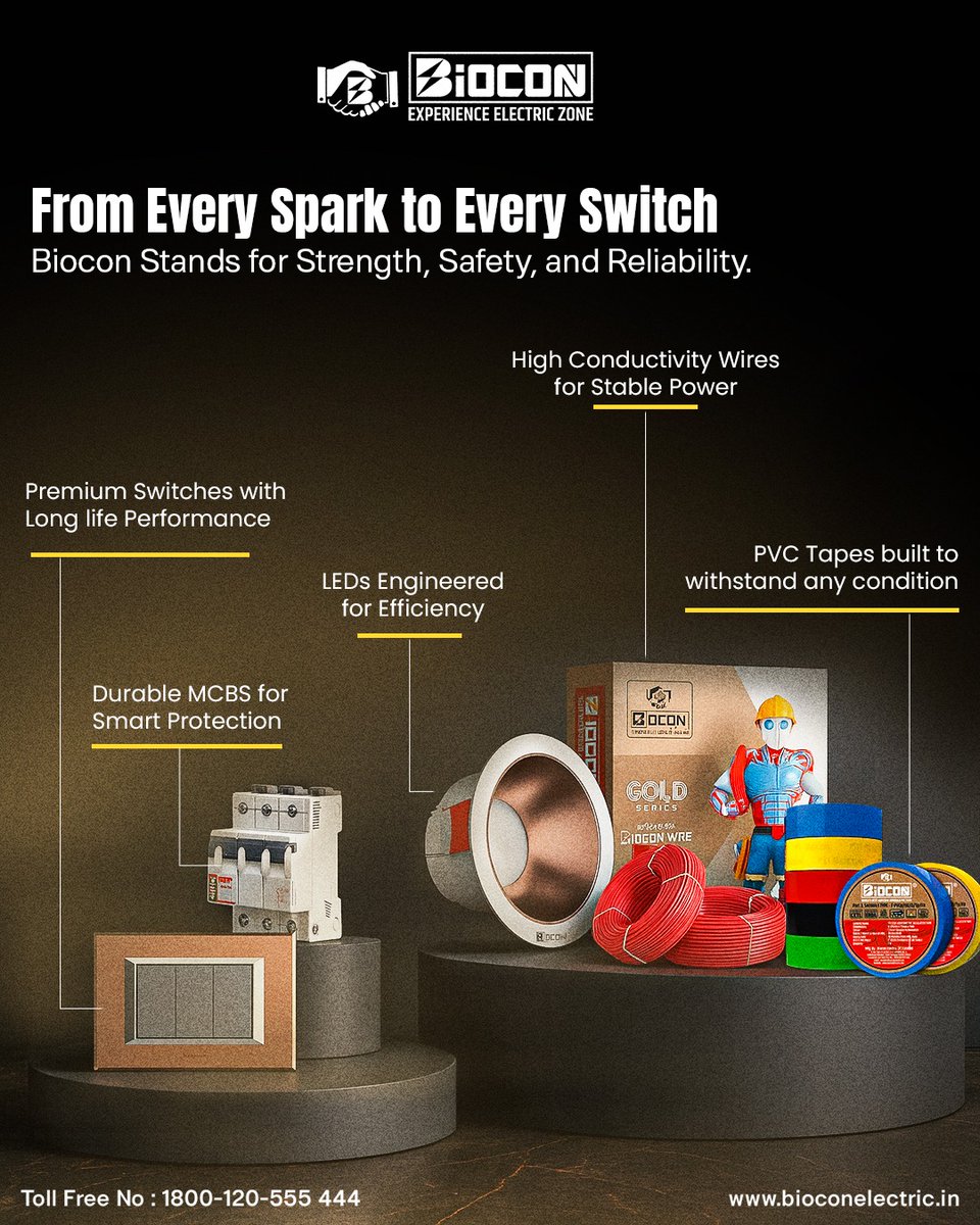 Biocon_India's tweet image. From powering homes to protecting what matters most.
🌐 bioconelectric.in
#bioconelectric #experienceelectriczone #electricalsolutions #qualitywires #durableswitches #powerprotection #smartsafety #ledlighting #mcbs #pvctape #homesafetyfirst #electricalproducts