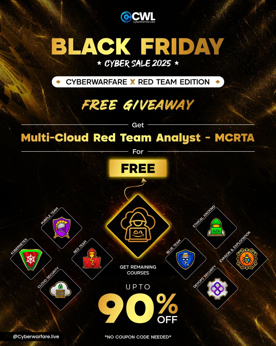 cyberwarfarelab's tweet image. 🛑 We’re giving away 𝗙𝗥𝗘𝗘 𝗮𝗰𝗰𝗲𝘀𝘀 to one of our most popular 𝐌𝐂𝐑𝐓𝐀 Certification!

Just follow these 4 𝘴𝘪𝘮𝘱𝘭𝘦 𝘴𝘵𝘦𝘱𝘴:
✅ Follow Our Page.
✅ 𝗟𝗜𝗞𝗘 👍 and 𝗥𝗘POST.
✅ 𝗧𝗮𝗴 𝗮 𝗳𝗿𝗶𝗲𝗻𝗱 🏷️
✅ Fill the Google Form: forms.gle/FWjfj7FPi3ZRKN…