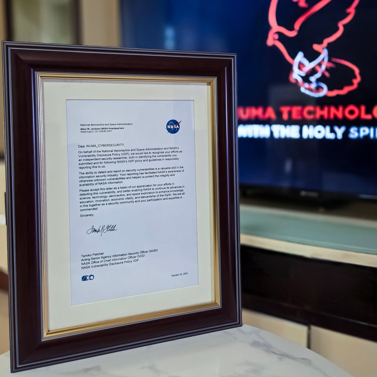 InumaTechnology's tweet image. Since July 2024, the Inuma Cybersecurity Team did a research to uncover security vulnerabilities in top global organizations, mainly in the USA.

Recently, we received an official letter of recognition from @NASA  (the United States space agency) for discovering a critical…