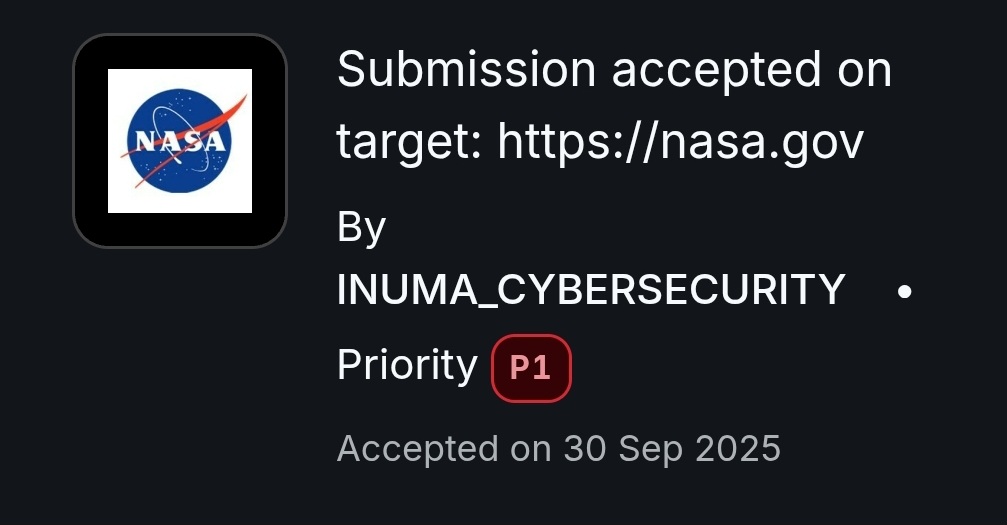InumaTechnology's tweet image. Since July 2024, the Inuma Cybersecurity Team did a research to uncover security vulnerabilities in top global organizations, mainly in the USA.

Recently, we received an official letter of recognition from @NASA  (the United States space agency) for discovering a critical…