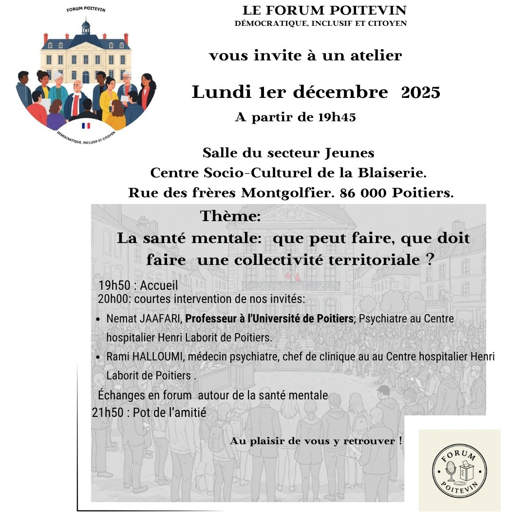 Les lundi du Forum Poitevin. Atelier du Lundi 1er Décembre sur la santé mentale: rôle des collectivités territoriales