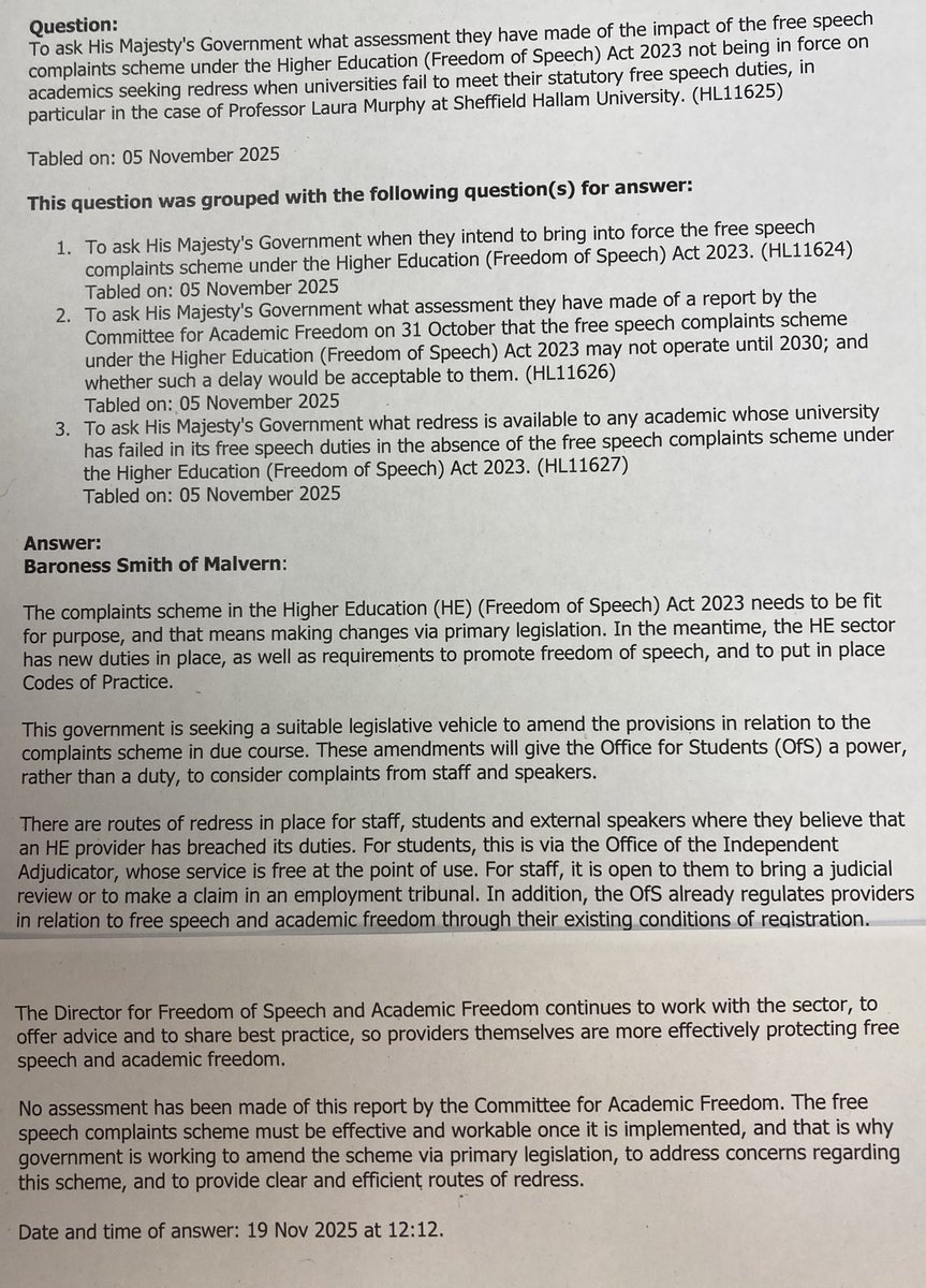 DavidAltonHL's tweet photo. Education Minister Baroness (Jacqui) Smith answers four questions from me⁩ about protecting the free speech of academics like Prof.Michelle Shipworth and Prof Laura Murphy. Our universities have made themselves far too reliant on money from the totalitarian CCP regime. https://t.co/4IF0nUg4P9