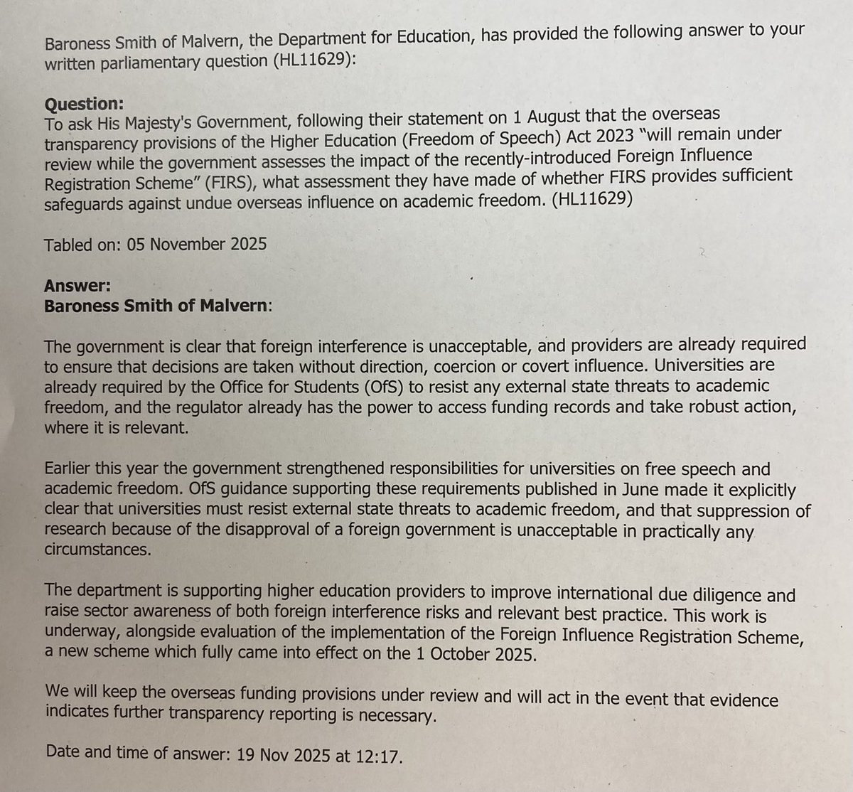 DavidAltonHL's tweet photo. Education Minister Baroness (Jacqui) Smith answers four questions from me⁩ about protecting the free speech of academics like Prof.Michelle Shipworth and Prof Laura Murphy. Our universities have made themselves far too reliant on money from the totalitarian CCP regime. https://t.co/4IF0nUg4P9