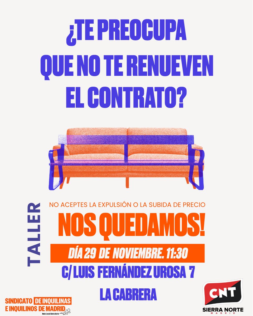 📣 Taller Sindicato de Inquilinas: “Nos Quedamos – No a la expulsión ni a subidas abusivas”
Organízate, aprende a negociar y defiende tu derecho a quedarte.
#NosQuedamos #ViviendaDigna
En el local de la CNT Sierra Norte - La Cabrera