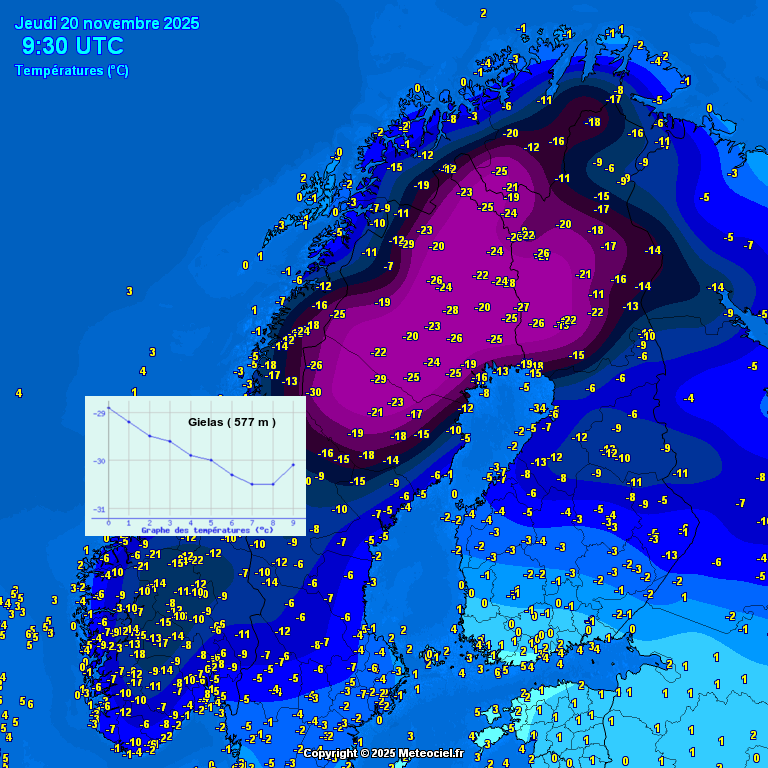 Weerliefhebber's tweet image. IJzig koud in het noorden van Europa. In Noorwegen daalde de temperatuur, voor het eerst deze winter tot iets onder de -30 graden. 
#Winter #Kou #Noorwegen #Gielas