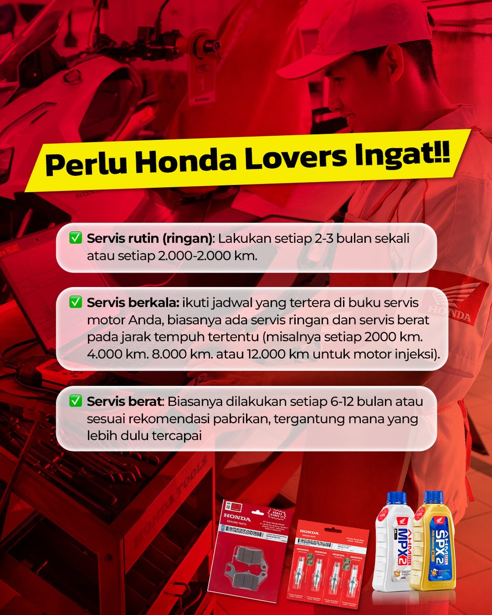Stop nebak-nebak kapan servis!

Jadwal Servis Honda, jangan asal feeling! 🔧

Biar motor tetap prima, ikuti jadwal servis yang benar sesuai rekomendasi Honda ya..

Swipe dulu yuk Honda Lovers, biar makin paham!

#AyokeAHASS #ahass #IndakoHonda #OneHeART #SatuHATI