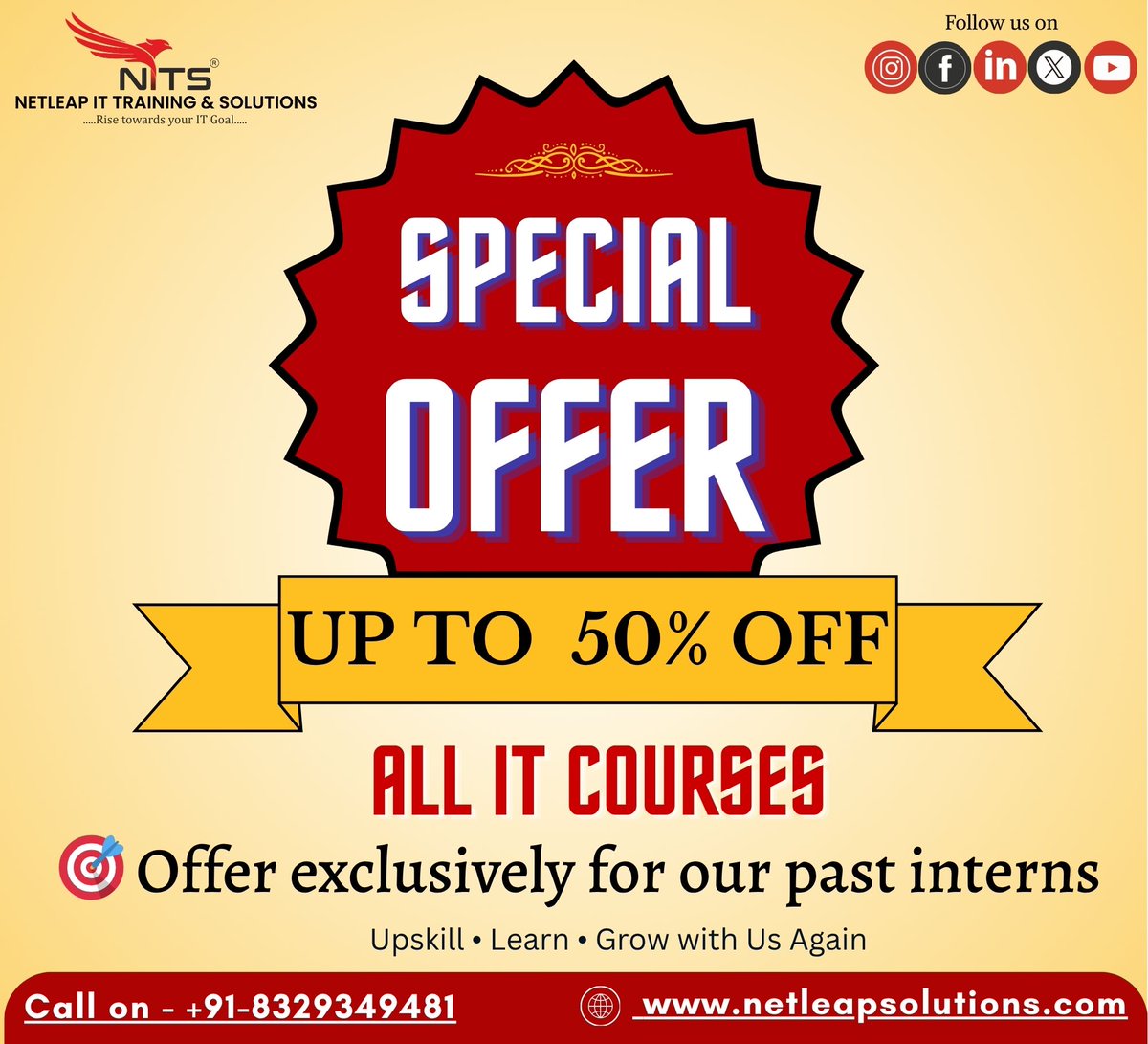 netleap_it's tweet image. Our past interns deserve the BEST! ✨
Here’s your exclusive chance to upgrade your skills with up to 50% OFF on all IT courses.
Your growth journey continues with NetLeap! 🎯
#NetLeapITTraining #SpecialDiscount #ITLearning #UpskillNow #InternshipToIndustry #TechCourses