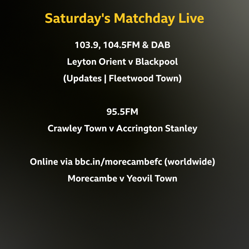 BBCLancsSport's tweet photo. 🔴  MATCH PACK  ➡️  #Morecambe v #Yeovil Town  ⬅️ 

📻  COMMENTARY  ➡️  Online via https://t.co/WG06HRPlo0
🎙️  @derekquinncomm

#uts | #ytfc | #bbcfootball | #nonleague