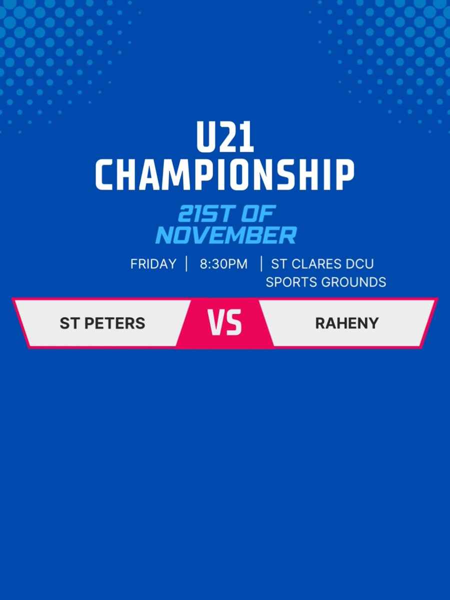 ❗️U21 Championship Quarterfinal❗️

It’s that time of year again! Our U21 squad is out for the first time this Friday night under the lights of DCU sports ground against Raheny at 8:30pm⏰

Eircode of pitch - D09 FK50📍

Best of luck to the team and management💙

#BoughalAbú