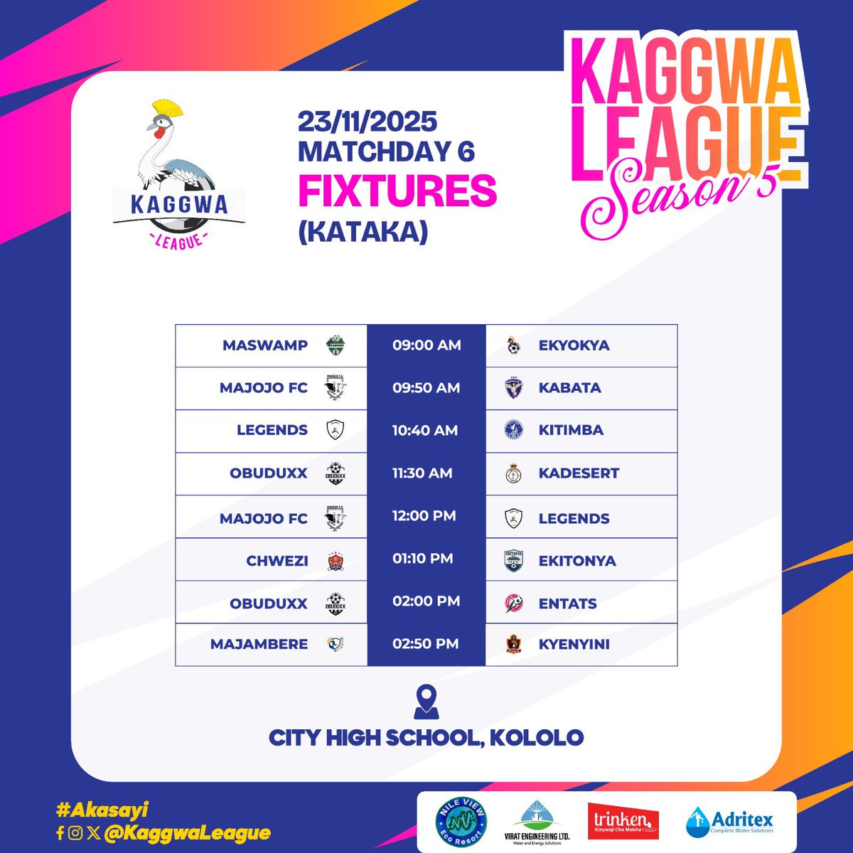 KaggwaLeague's tweet image. Presenting MD6 fixtures.

This Sunday we are back at City high as we kickoff the second leg of the league.
#Akasayi #KaggwaLeagueSn5