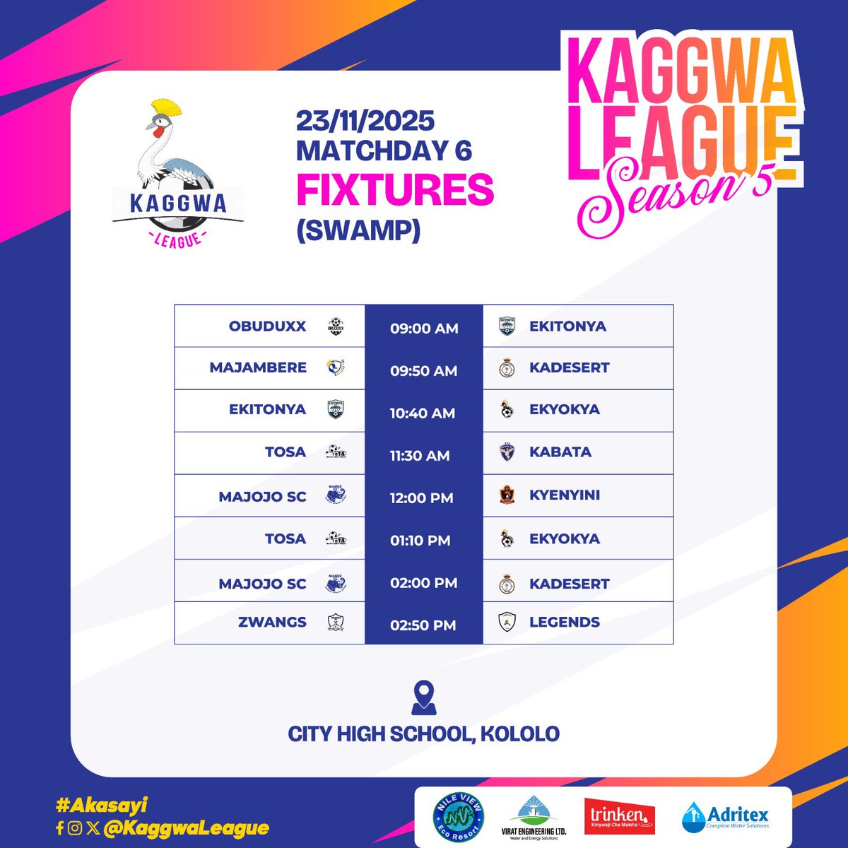 KaggwaLeague's tweet image. Presenting MD6 fixtures.

This Sunday we are back at City high as we kickoff the second leg of the league.
#Akasayi #KaggwaLeagueSn5
