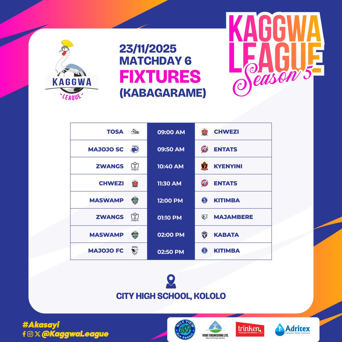 KaggwaLeague's tweet image. Presenting MD6 fixtures.

This Sunday we are back at City high as we kickoff the second leg of the league.
#Akasayi #KaggwaLeagueSn5