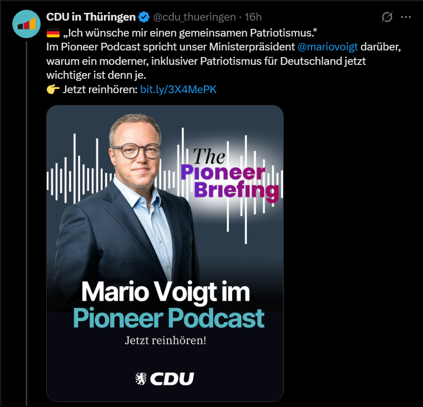 Für heute komme ich aus dem Lachen nicht mehr raus:
CDU und der Begeisterungsspezialist M Voigt wollen ein "modernen inklusiven Patriotismus" vertreten. 
"moderner inklusiver Patriotismus" ist so ähnlich toll wie "Compass Mitte"🤡