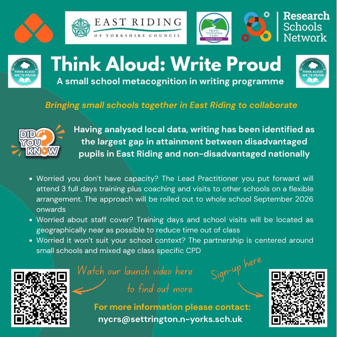 NYCResearchSch's tweet image. 📢Calling East Riding Small Schools - Think Aloud:Write Proud
It&apos;s not too late to sign up to our Metacognition in Writing Partnership! See attached image for more information and follow the links for video and sign-up.
#EastRiding #metacognition #writing #smallschool