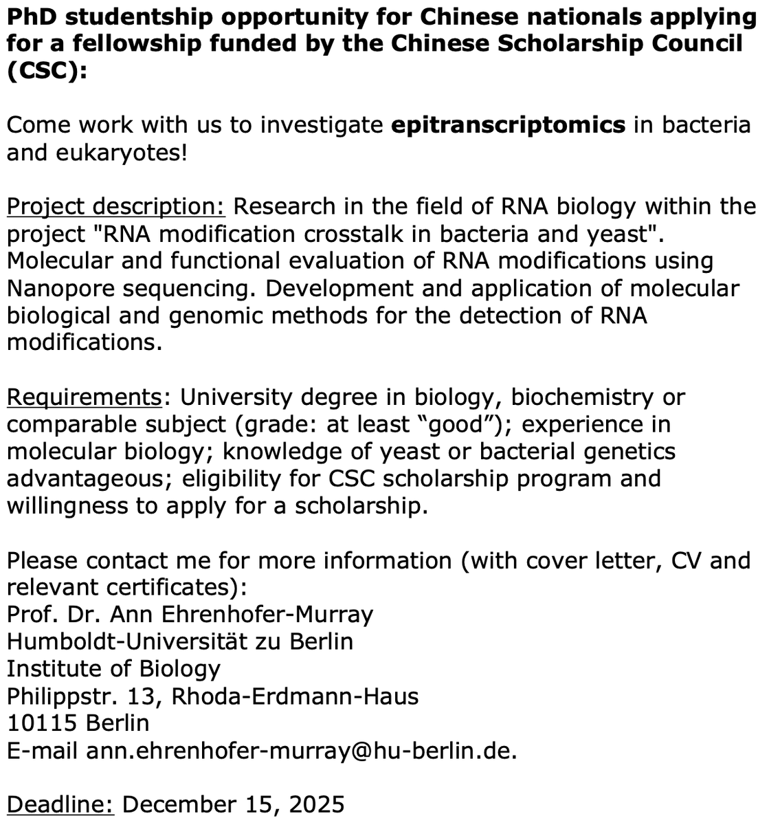 ann_ehrenhofer's tweet photo. PhD opportunity for Chinese Nationals interested in applying for a fellowship from the Chinese Scholarship council #CSC: Come join our lab to study #epitranscriptomics in yeast and bacteria using #Nanopore sequencing #ONT! Deadline: Dec. 15, 2025 https://t.co/yEFDVgrPKY