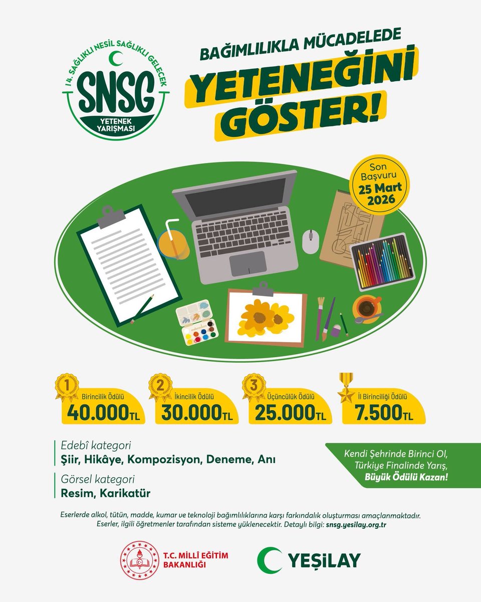 #SağlıklıNesilSağlıklıGelecek Yarışmamızın başvuruları başladı!💚

Bu yıl öğrenciler; kompozisyon, şiir, resim ve karikatür alanlarında bağımlılıkların zararlarını ele alan özgün eserleriyle yarışacak ve sağlıklı bir geleceğe kendi imzasını atacak. Sağlıklı bir geleceğe ilham