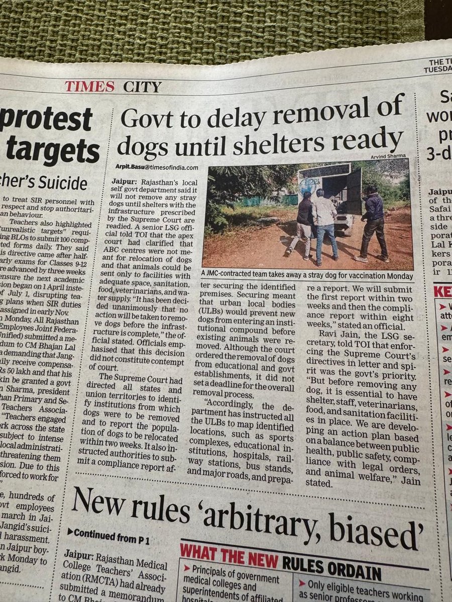 PrakashWKamatPK's tweet photo. This news report👇 says that the Rajasthan government is seeking time as it obviously wants to implement the Honorable Supreme Court order in letter and spirit. The infrastructure in terms of Shelters and fencing is simply huge for all the States. Unless it is built,it would be futile to remove dogs. This exercise as told by Honourable Supreme Court in its revised order in August last, needs to be done in a humane and scientific manner. Because this order of the hon. SC  is intended to bring safety and security for children,students,travellers,patients,etc. So removing dogs sans shelters to put them after vaccination and sterilisation will need a solution on the ground with huge infrastructure and human resources in food and animal care. Removing them without adequate fencing in place will again render the excuse futile as new dogs would replace old. 
Appeal to Goa government @DrPramodPSawant please seek guidance from your counterpart from Rajasthan, as Goa too needs to do a good job of implementation of the Honorable Supreme Court order  with all infrastructure in place.🙏
@Coll_NorthGoa @NilkantHalarnk1
@Coll_SouthGoa @EgnaCleetus @DHS_Goa @GoaGmc @visrane @FrazellaA @DOE_GOA @Goa_edu @DGP_Goa @dip_goa @Varsha270819 @GoaHumaneTrust @DexterBraganza @Shahinlambe86 @RadhikaSatoskar @prudentgoa @PrimeTVGoa @alokikgoa @thegoanonline