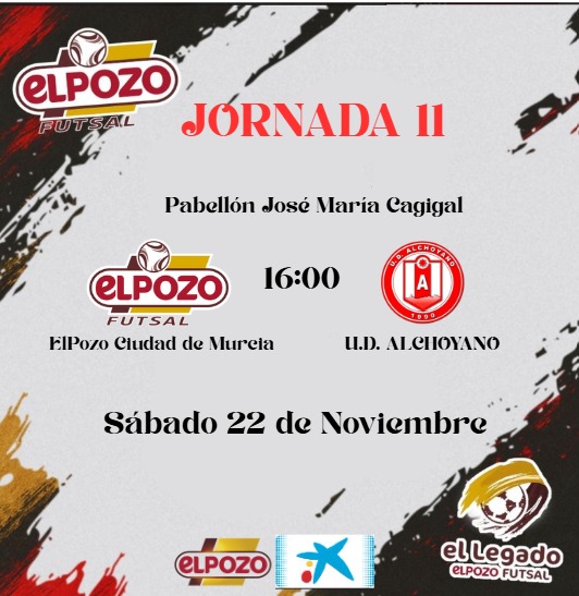 ⚪🔴 #ElPozoCiudaddeMurcia 
📅 Sábado 22 noviembre 16 h 
🏟️ Pabellón José María Cagigal 
🆚 <a href="/UD_ALCHOYANO/">U.D. Alchoyano</a> 
🎟️Acceso gratuito