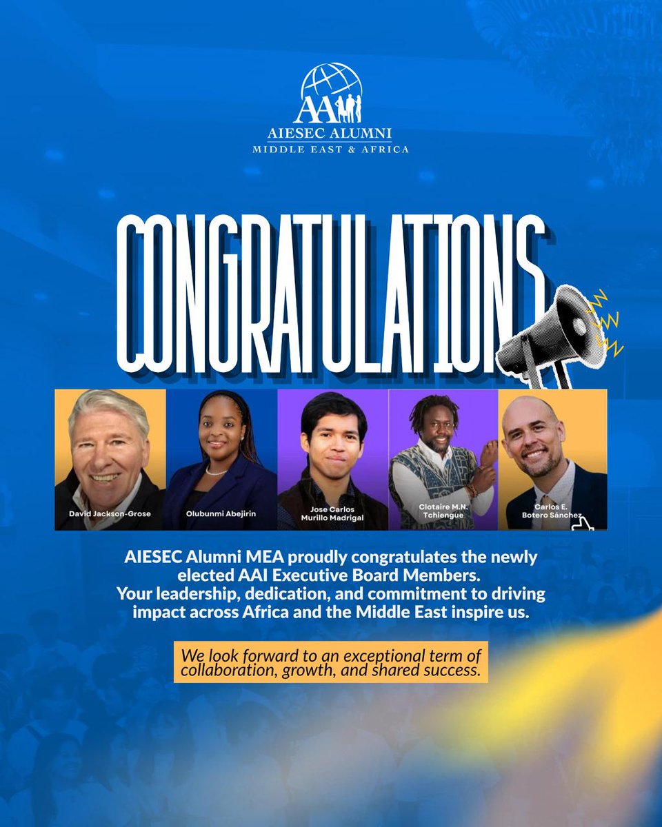 AIESEC Alumni MEA proudly congratulates the newly elected AAI Executive Board members. 

We wish you an amazing term ahead, and look forward to making impact together.

#AAMEA <a href="/AIESECAlumniInt/">AIESEC Alumni Intl</a>