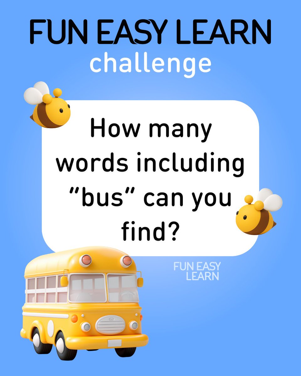 FunEasyLearn's tweet image. 🚍It’s word #challenge time!
Hope you’re not too BUSy…😉

How many #words can you make using “BUS”? Drop them in the comments below👇

💡Hint: You might spot a few right here — or find more in our #app!

Get #FunEasyLearn for free:
🌐funeasylearn.com