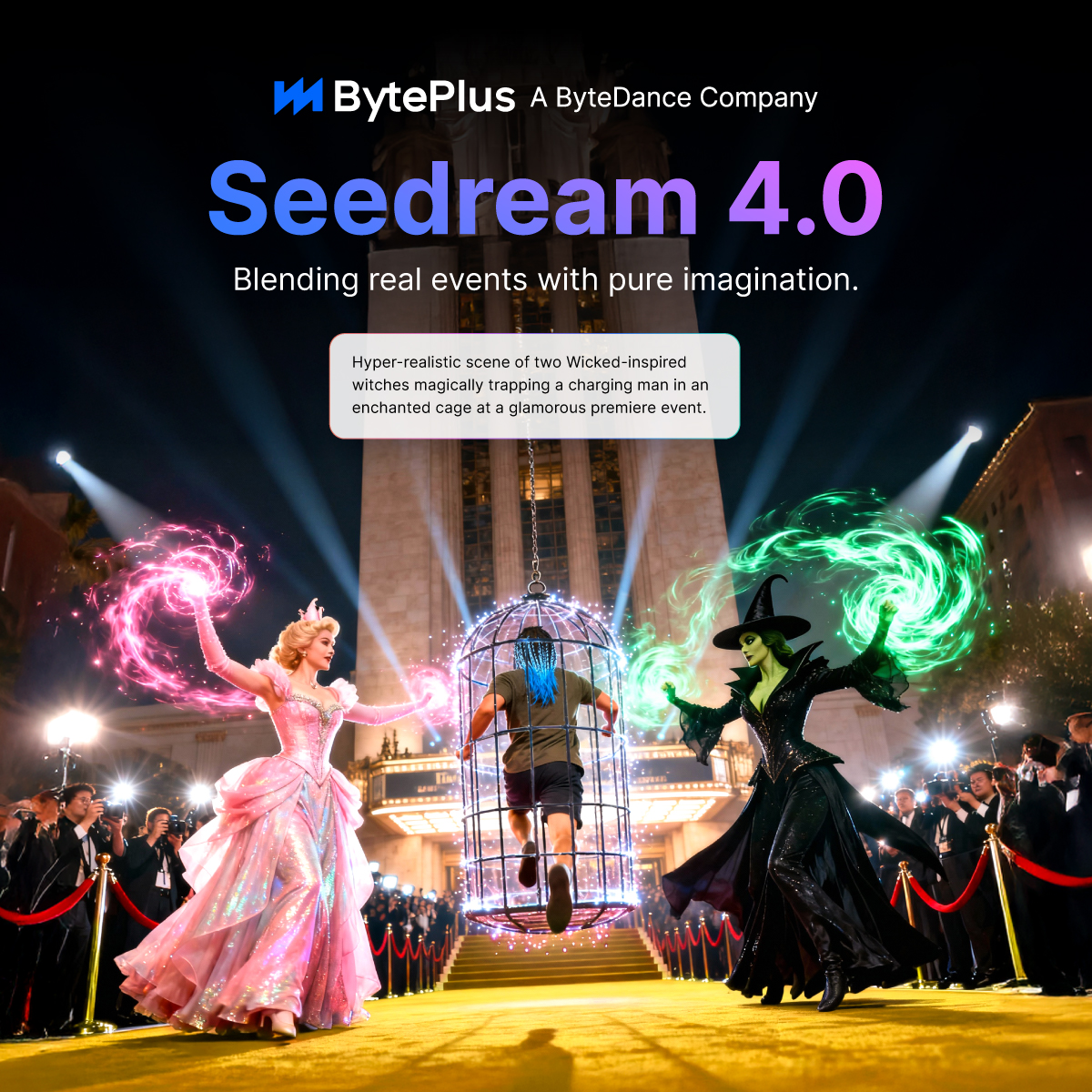 Not all heroes wear capes. Some wear witch hats. 🧙♀️⚡️
Now that justice has been served after the shenanigans at last week’s Wicked premiere in Singapore, we couldn’t help but imagine: what if Glinda and Elphaba had handled security instead?

Seedream 4.0 can turn viral moments