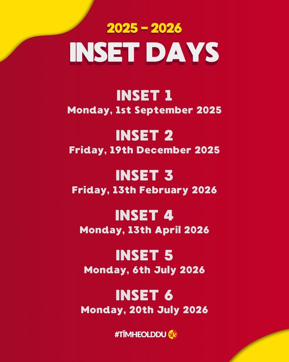 Take note of our upcoming INSET days this academic year.

#TîmHeolddu #TeamHeolddu