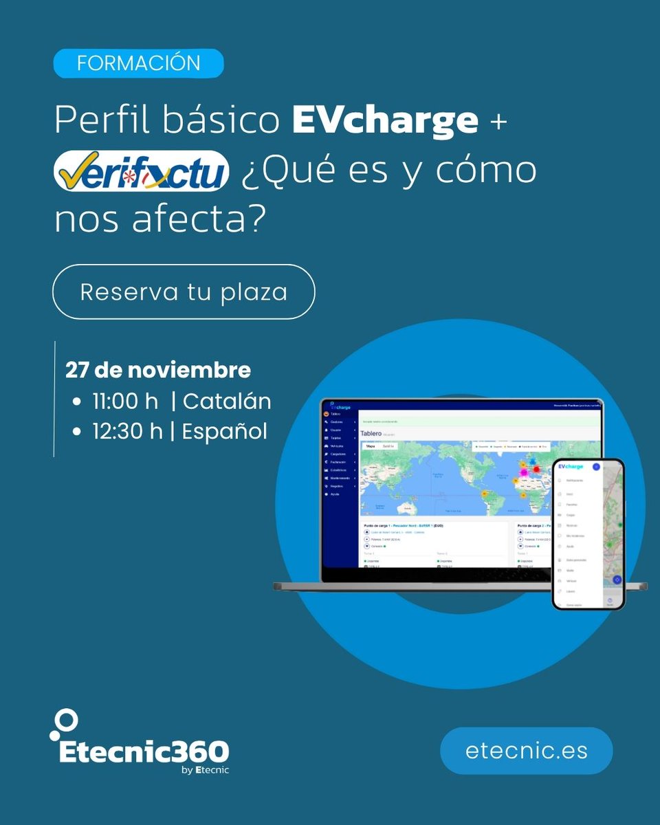 etecnic's tweet photo. ⚡ Formaciones EVcharge el 27/11:

Todo sobre VERIFACTU + gestión de recarga.
- Jordi Pérez | Catalán 11h: https://t.co/kCqKdGhLnw
- Marc Poy | Español 12:30h: https://t.co/JKXL0Eyqxj

¡Apúntate! 🙌

#Etecnic #EVcharge #Etecnic360 #FormaciónEVcharge https://t.co/uePka9RZSQ