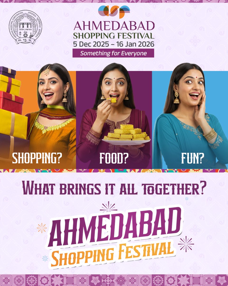 amdshoppingfest's tweet image. Whatever your vibe — shopping, eating, or just having fun — ASF brings it all together in one grand celebration!

Get ready, Ahmedabad! 🎉

Ahmedabad Shopping Festival
5 Dec 2025 to 16 Jan 2026
Something for Everyone

#ASF2025 #AhmedabadShoppingFestival2025 #SomethingforEveryone…