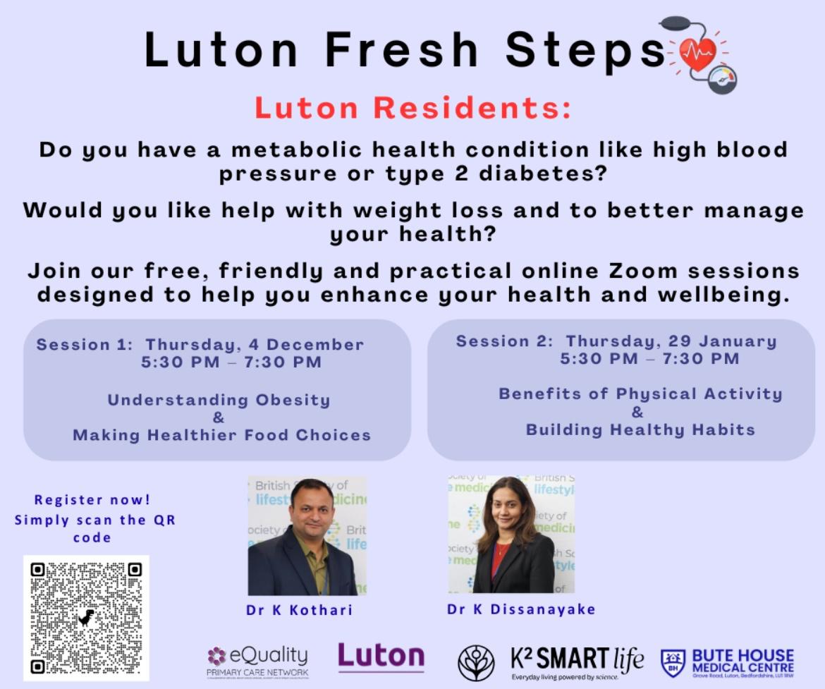We are working with Luton Council on a new Healthy Weight and Physical Activity initiative for Luton residents, called Luton Fresh Steps. Please refer to the attached flyer for more information. The QR code for registration is included on the flyer.