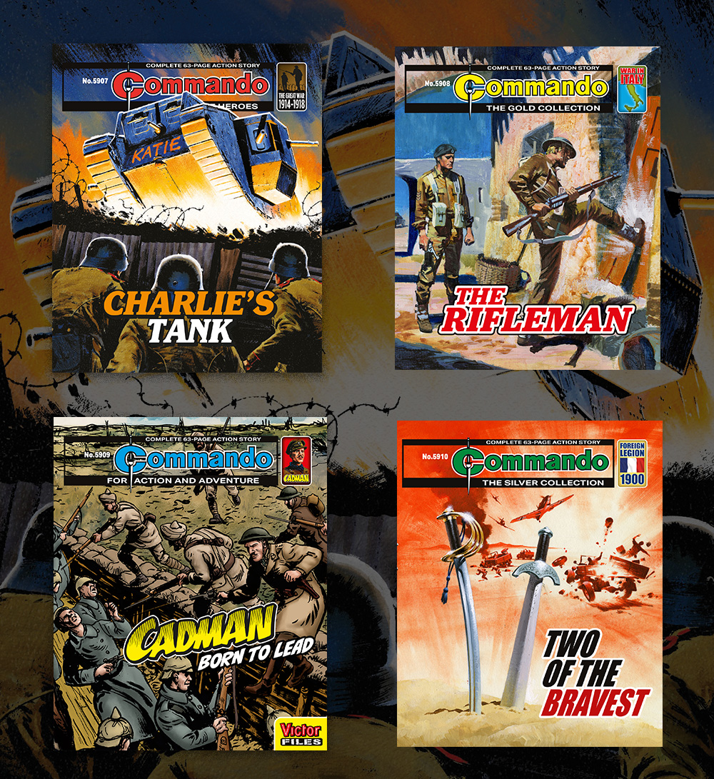 CommandoComic's tweet image. Ey up, Squaddies! This week&apos;s action-packed Commando set features tanks, rifles, historic swords and the return of Cadman The Fighting Coward! Issues 5907-5910 on sale today! - QM