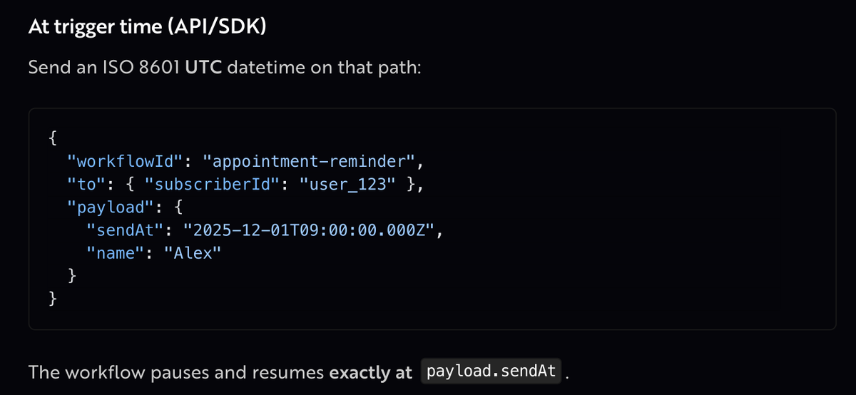 novuhq's tweet image. What you can do:

- Per-trigger timing: Each event determines its own resume time via its payload.

- Works anywhere in the workflow: Before or between any steps (including before digests).

- Cancelable: Use transactionId to cancel pending delays.

- Frictionless: No cron…