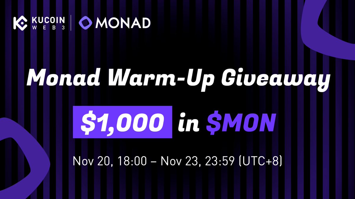 🔥 <a href="/KuCoin_Web3/">KuCoin Web3 Wallet</a> Wallet × @Monad Warm-Up Giveaway
💰 $1,000 in $MON
📅 Nov, 20, 18:00 - Nov, 23, 23:59 (UTC+8)

To Enter
✅ Follow <a href="/KuCoin_Web3/">KuCoin Web3 Wallet</a> &amp; @Monad
✅ Like + QT + Tag 3 frens
✅ Submit your EVM wallet address 👉forms.gle/gM31kcBKyorFGW…

Get ready to explore the Monad eco