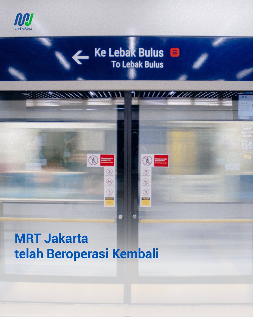 Kabar gembira untuk kita semua. MRT telah kembali beroperasi penuh.

 Layanan MRT Jakarta beroperasi dengan waktu keberangkatan setiap 5 menit di jam sibuk dan 10 menit di waktu normal. Seluruh perjalanan kereta rute Lebak Bulus menuju Bundaran HI Bank Jakarta dan sebaliknya