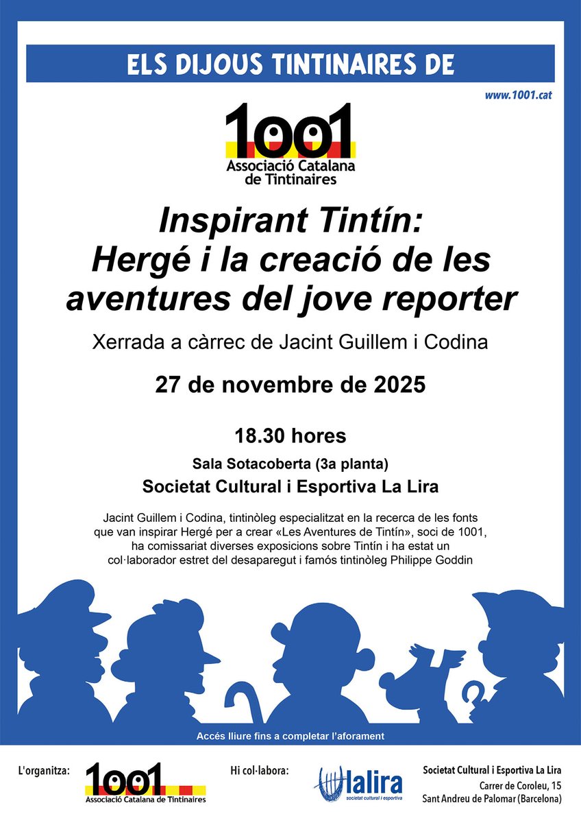 Nou dijous tintinaire: «Inspirant Tintín: Hergé i la creació de les aventures del jove reporter» amb Jacint Guillem, col·laborador del desaparegut tintinòleg Philippe Goddin.
27 novembre  2025. 18.30 hores.
<a href="/SCELaLira/">La Lira</a> 
#dijoustintinaire #Tintinaires