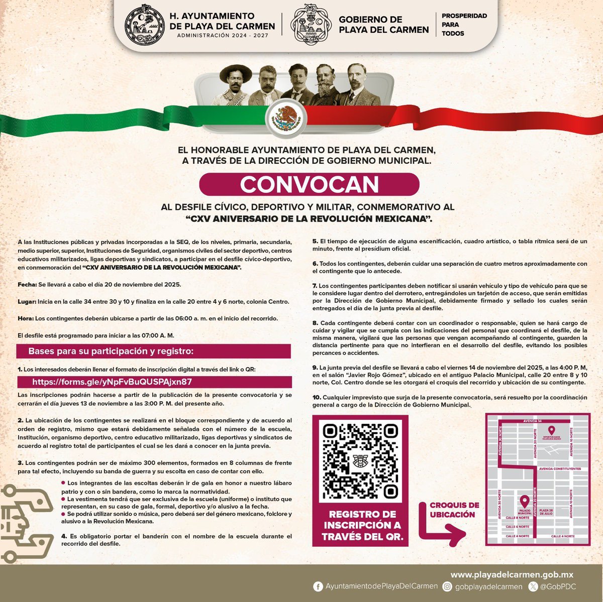 🇲🇽 Este 20 de noviembre honramos nuestra historia y la fuerza del pueblo mexicano.

Desfile Cívico, Deportivo y Militar con motivo del 115° Aniversario de la Revolución Mexicana en #PlayaDelCarmen.

🕕 7:00 a.m.
📍 De la Calle 34 a la Calle 20, Col. Centro.
