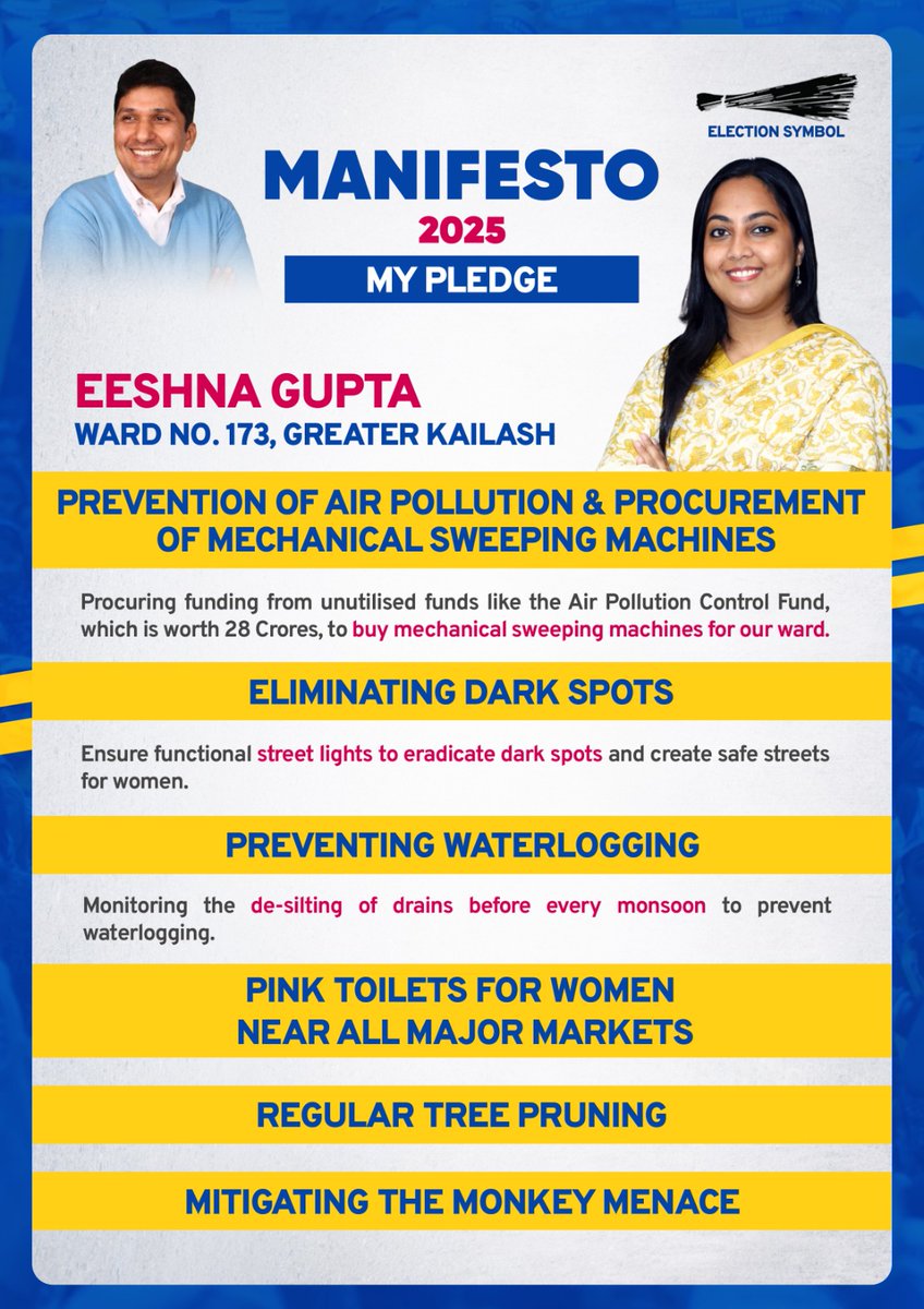 Eeshna_Gupta's tweet image. Digital ward portal, waste helpline, monthly report card, 24 hour turnaround time; this is the new-age governance I bring to the table as I contest to lead the Greater Kailash ward. Councillor manifestos are unheard of, but it’s the clarity and transparency our ward deserves, and…