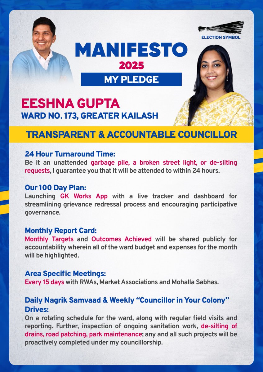 Eeshna_Gupta's tweet image. Digital ward portal, waste helpline, monthly report card, 24 hour turnaround time; this is the new-age governance I bring to the table as I contest to lead the Greater Kailash ward. Councillor manifestos are unheard of, but it’s the clarity and transparency our ward deserves, and…