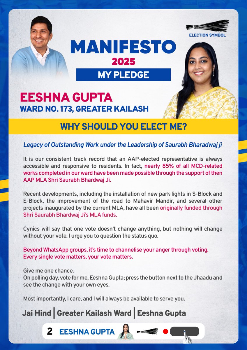 Eeshna_Gupta's tweet image. Digital ward portal, waste helpline, monthly report card, 24 hour turnaround time; this is the new-age governance I bring to the table as I contest to lead the Greater Kailash ward. Councillor manifestos are unheard of, but it’s the clarity and transparency our ward deserves, and…