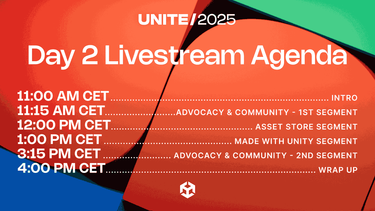 unity's tweet image. It&apos;s Day 2 of #Unite2025! 

Join Unity&apos;s @ManuVision as he chats with Unity advocates, @akuparagames, @discord, @neoludic, and much much more. Don&apos;t miss it!

Live now: on.unity.com/UniteDay2