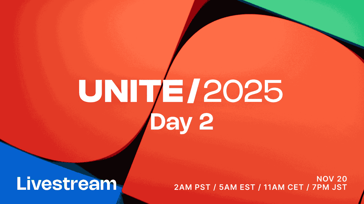 unity's tweet image. It&apos;s Day 2 of #Unite2025! 

Join Unity&apos;s @ManuVision as he chats with Unity advocates, @akuparagames, @discord, @neoludic, and much much more. Don&apos;t miss it!

Live now: on.unity.com/UniteDay2