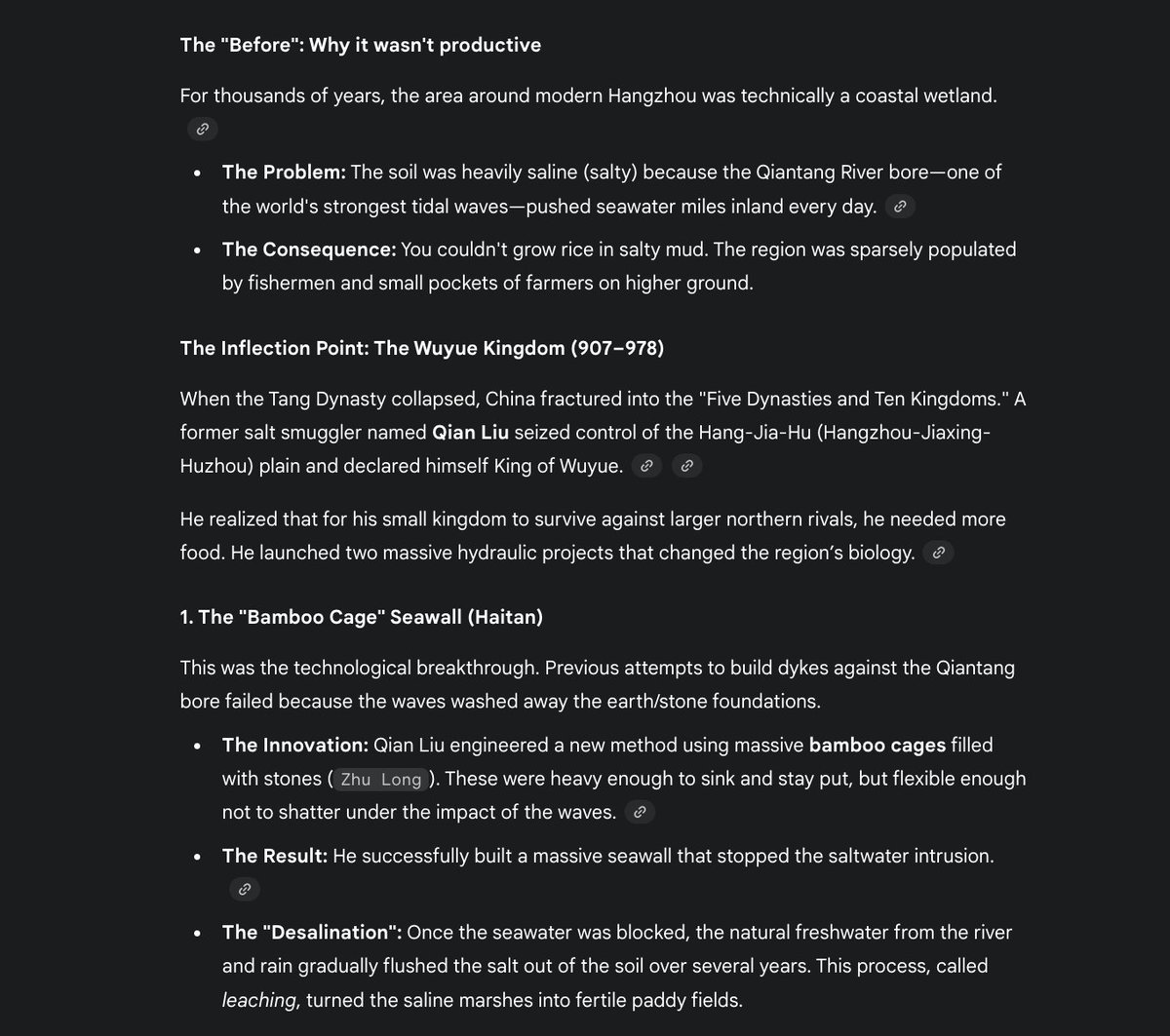 ところで、浙江省が元々中国の穀倉地帯や経済の宝石ではなかったことに気づいている人は少ない。浙江省は「非生産的な塩沼地帯、第三級の土地」だったと「想定」されている。杭州は約1100年前、軍閥の銭劉によって*人工的に*、つまりテラフォーミングさ