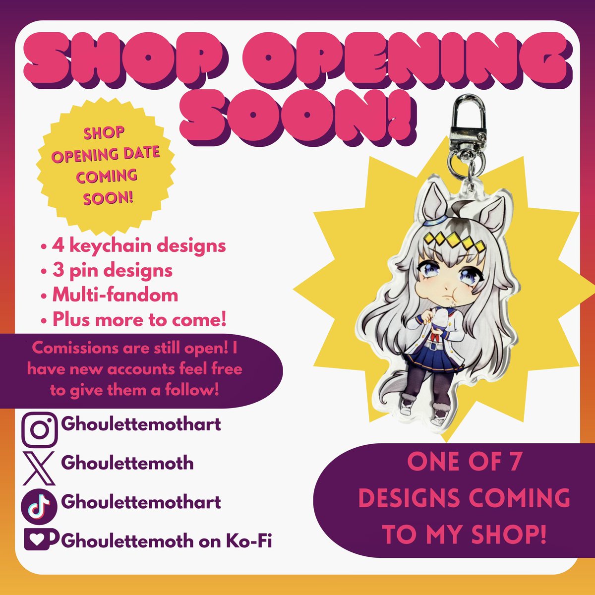 ghoulettemoth's tweet photo. Big announcement!!!!
I’m in the works of opening up my Ko-Fi shop! I’ll be selling keychains, pins, and a bunch more! I’m so excited to open it, and stay tuned for the date of the opening! First few orders will get freebies!
#oguricap #keychain #shopopen #kofi https://t.co/pTyln0AyTX