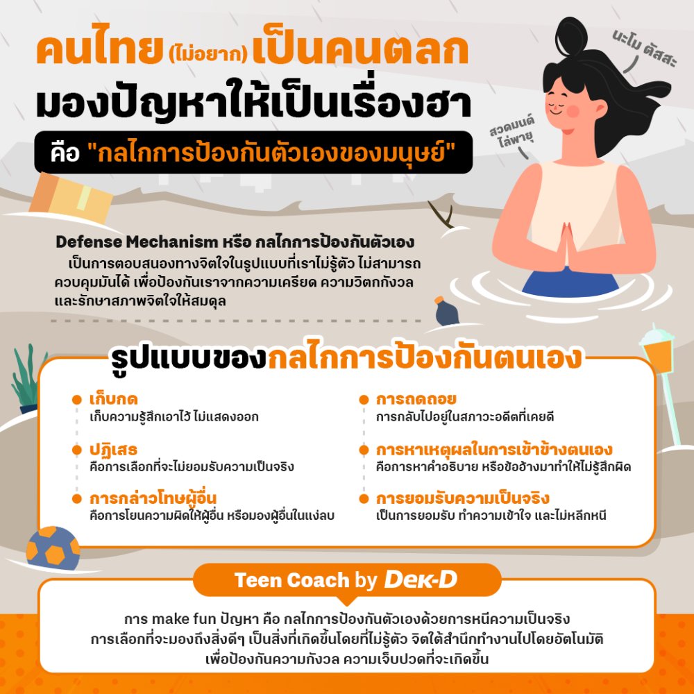 webdekd's tweet image. #dekdTeenCoach กลไกการป้องกันตัวเองของคนไทย เจอเรื่องร้ายๆ ก็ทำให้กลายเป็นเรื่องตลก
.
ต่างว่ากันว่า คนไทยเป็นคนตลก ไม่เคยเครียด สามารถหัวเราะได้กับทุกเรื่อง การหาเรื่องขำๆหรือกิจกรรมทำเพื่อคลายเครียด จึงเป็นตัวเลือกที่ดีในการรับมือกับความเครียดในสถานการณ์ดังกล่าว…