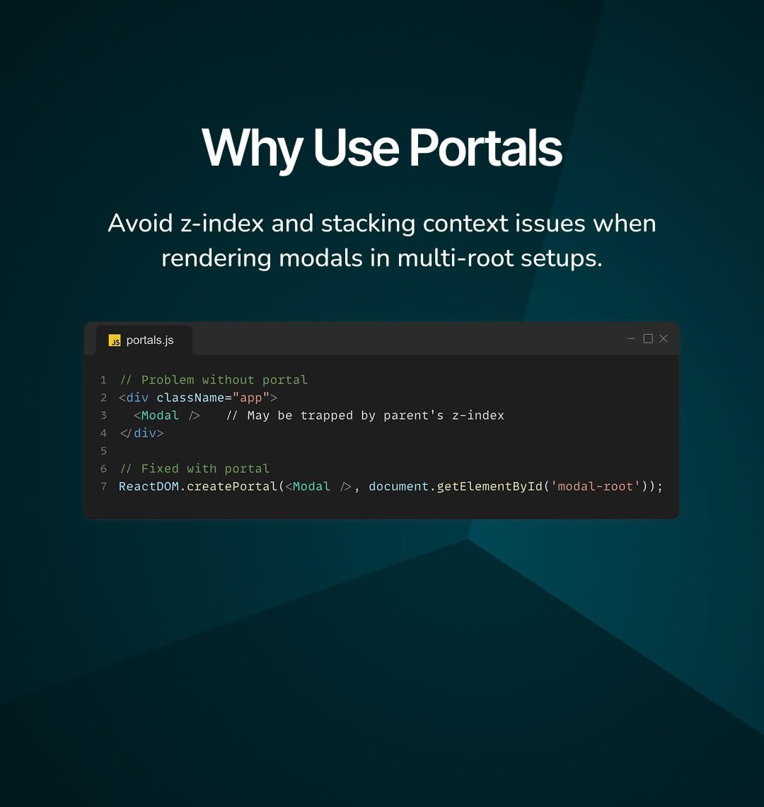 WaveTech_X's tweet image. 🧿  React Portals Made Simple

React Portals let you render modals into separate roots, solving stacking context problems once and for all. Learn how to implement clean, reliable modals and avoid layout conflicts in your multi-root apps.

#webdev #coding