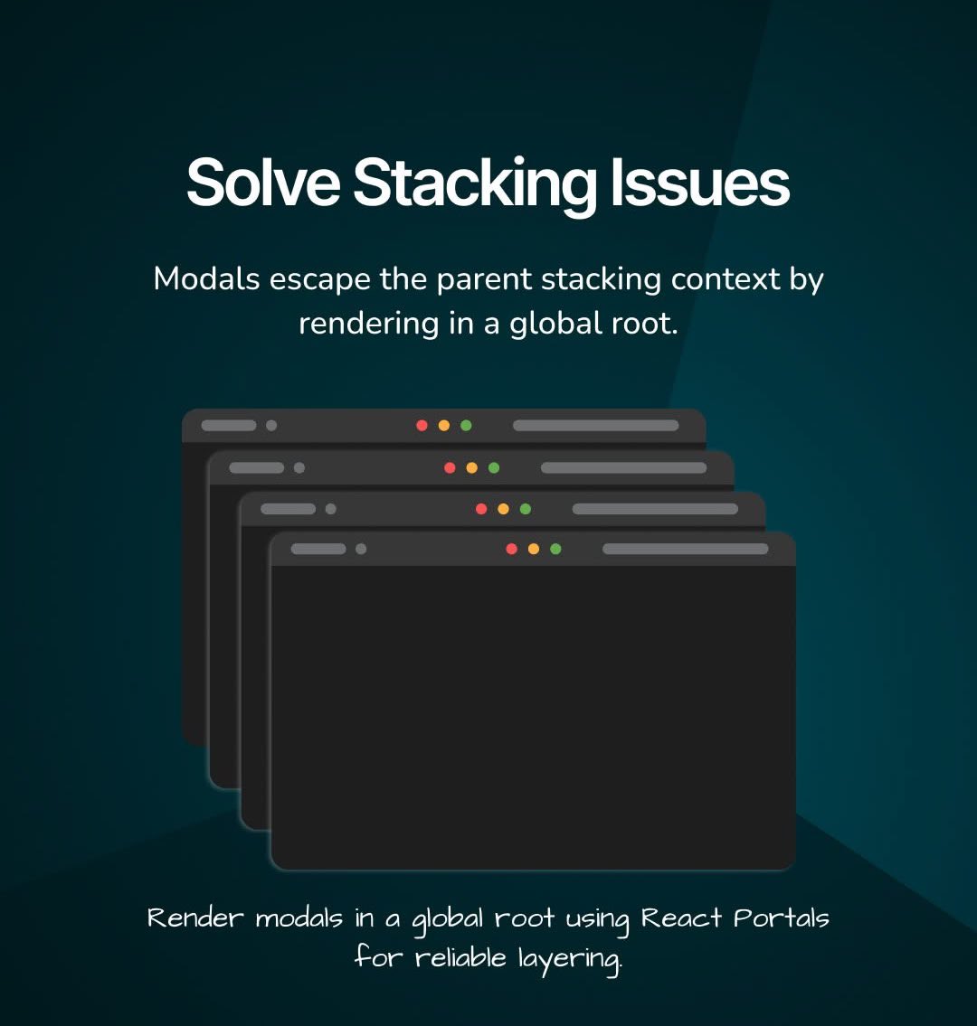 WaveTech_X's tweet image. 🧿  React Portals Made Simple

React Portals let you render modals into separate roots, solving stacking context problems once and for all. Learn how to implement clean, reliable modals and avoid layout conflicts in your multi-root apps.

#webdev #coding